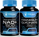 Magnesium Glycinate Capsules - 750mg - Magnesium Supplement Hoge Absorptie Supplement │ NAD Supplement, 1500mg - Liposomale NAD+ Supplement met Resveratrol