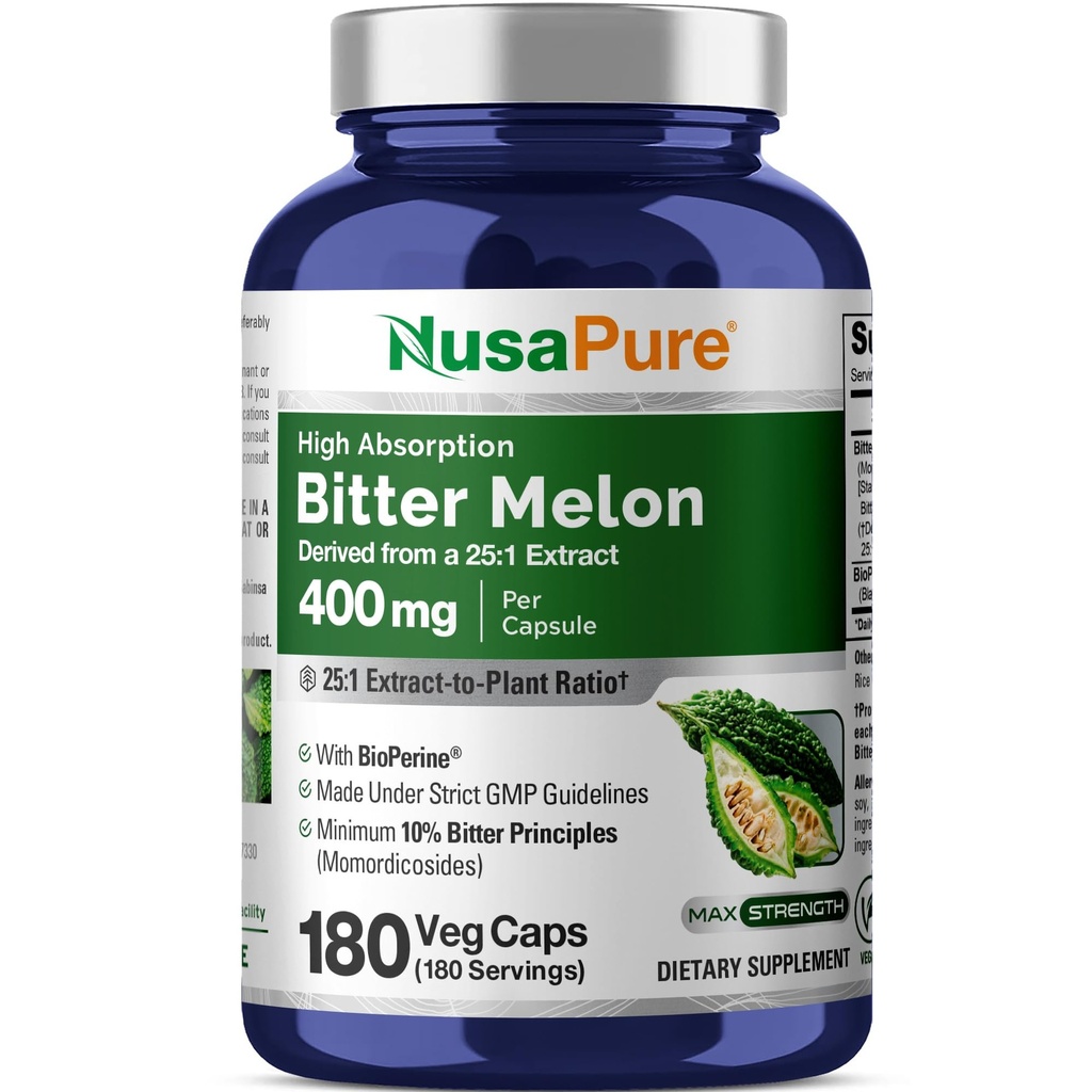 NusaPure Bitter Melon Extract 10.000 mg 180 Vegan Caps (100% Vegetarisch, Non-GMO, Glutenvrij, 10% Bitter Principes) Bioperine