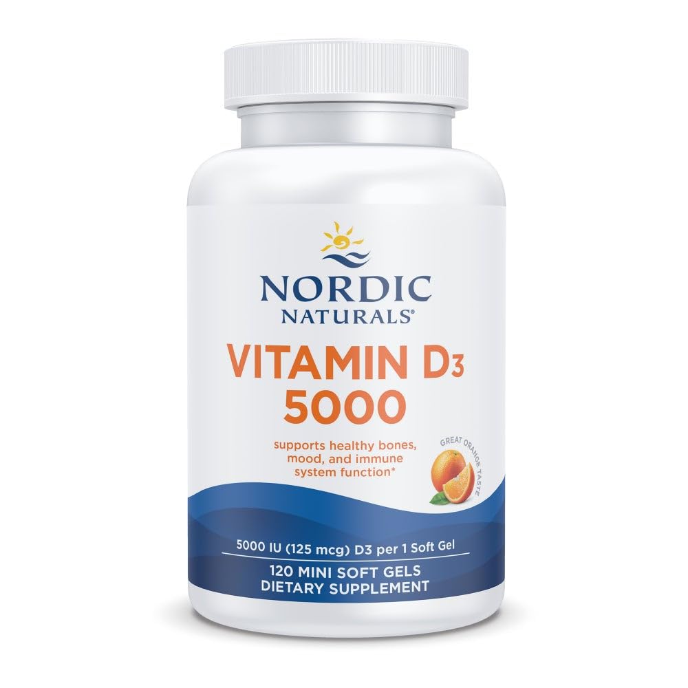 Nordic Naturals Vitamine D3 5000, Oranje - 120 Mini Zachte Gels - 5000 IU Vitamine D3 - Ondersteunt gezonde botten, Mood & Immuun Systeem Functie - Non-GMO - 120 Servers