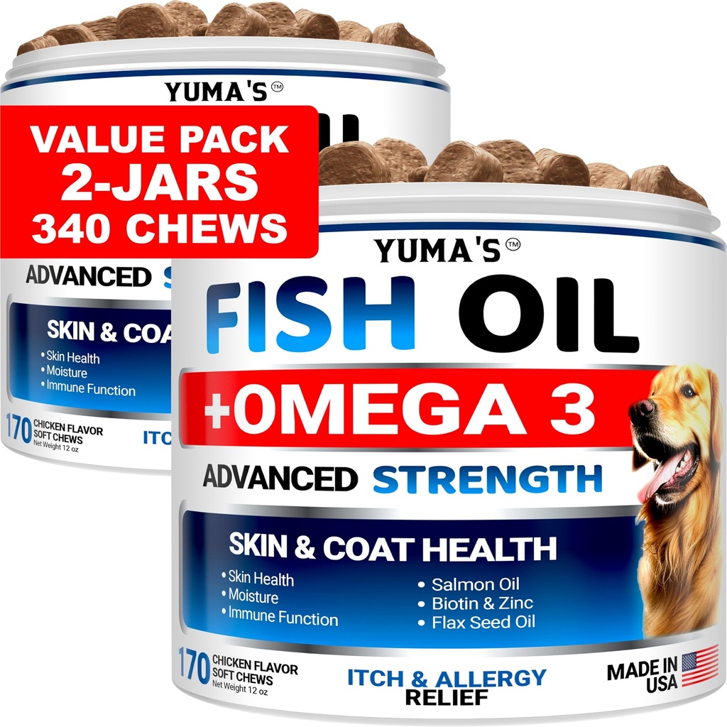(2 Pack) Omega 3 Visolie voor honden - 170 Kauwen - huid en jas supplement - Omega 3 voor honden - droge en jeukende huidbehandeling - Allergie ondersteuning hond anti vergieten Treats - zalm - kip smaak