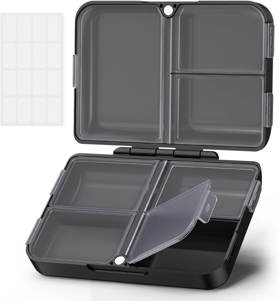 AOVON Daily Pill Organizer Fit met uw portemonnee of zak, Compact Travel Pill Box Case met Slim Folding Design en lang aanhoudende scharnieren om vitamine, visolie, supplement of sieraden te houden(zwart)