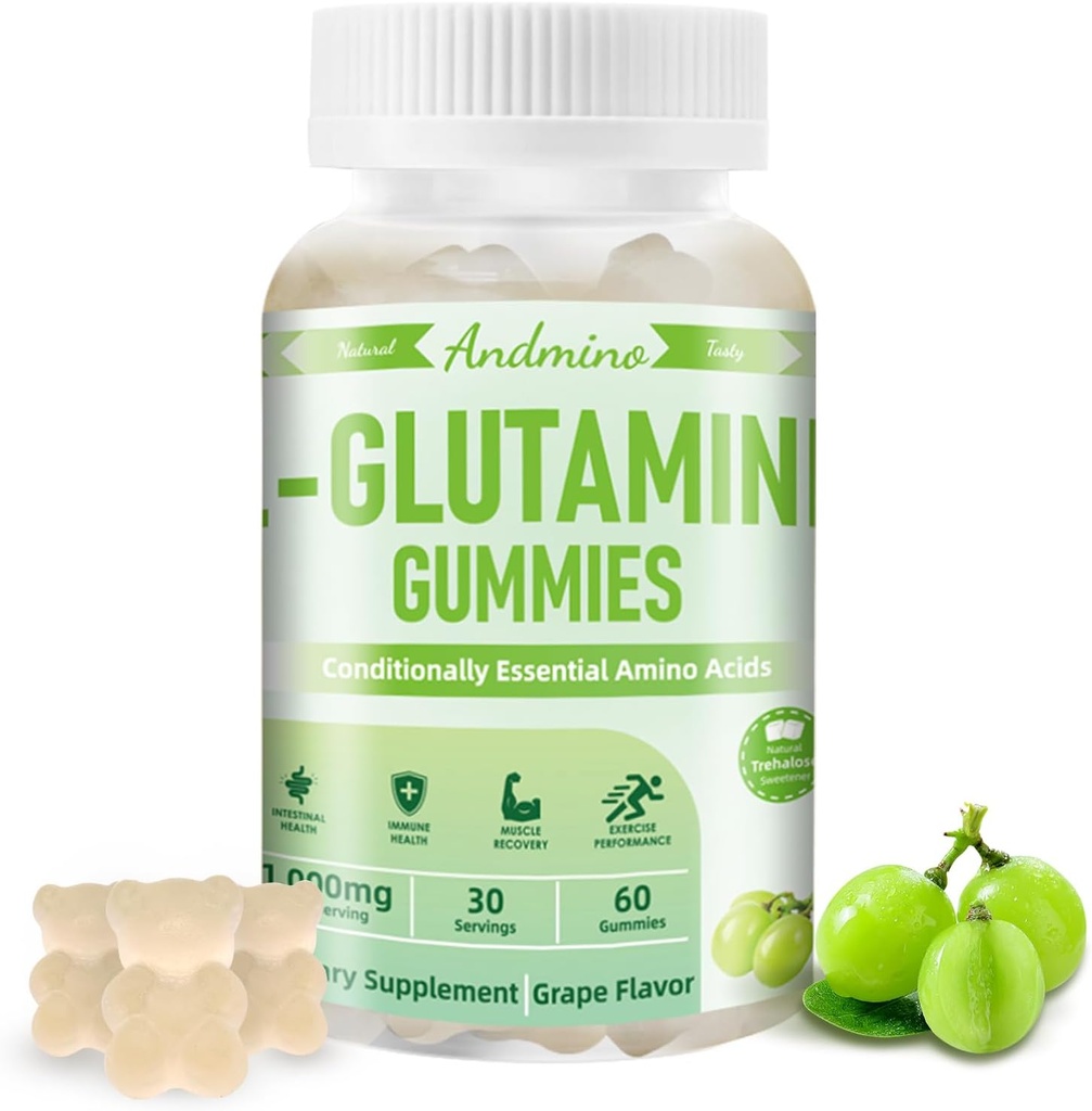 L-Glutamine Gummies 1000 mg, met Trehalose, L Glutamine Supplement Ondersteuning Intestinaal, Boost Immune & Muscle Health, voor volwassenen en kinderen, niet-GMO, Veganistisch, Glutenvrij, druivensmaak, 60