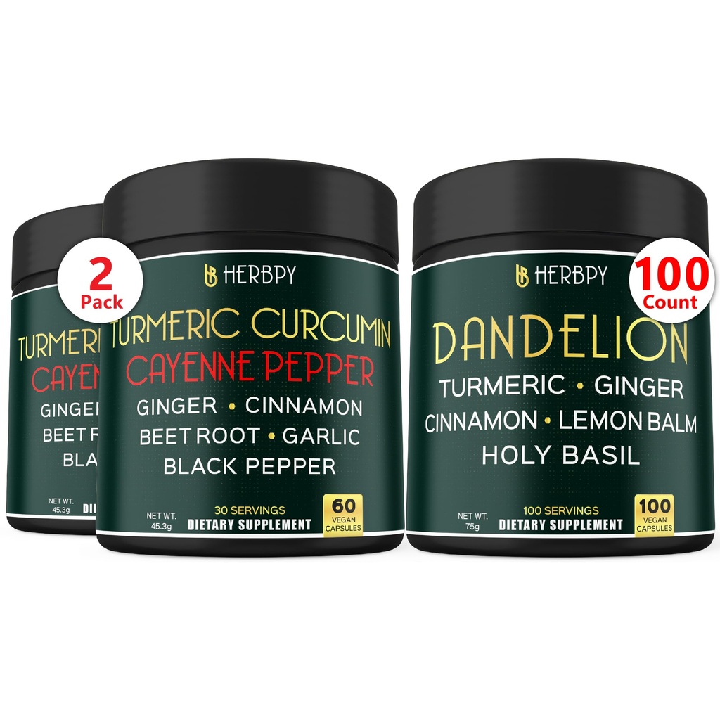 Bundel 7in1 Kurkuma Curcumin & 6in1 Dandelion Supplement - Ondersteuning Hart, spijsvertering Gezondheid en immuunsysteem