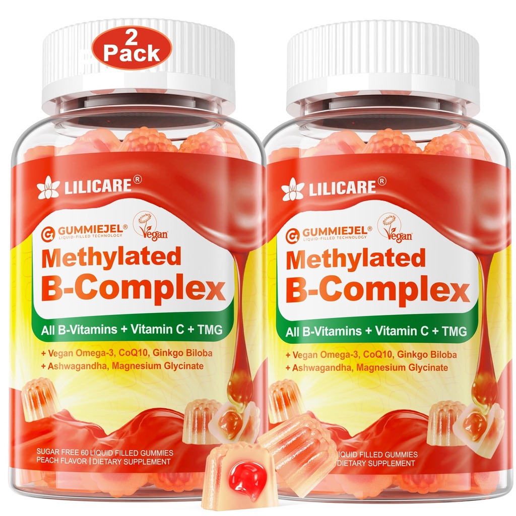 Vrouwen & mannen Super Vitamine B Complex Gevulde Gummies, Gemethyleerde w/Omega 3, Magnesium,CoQ10, Ashwagandha, Vitamin C, TMG, Suikervrij - 60 Tellen (pakket van 2)
