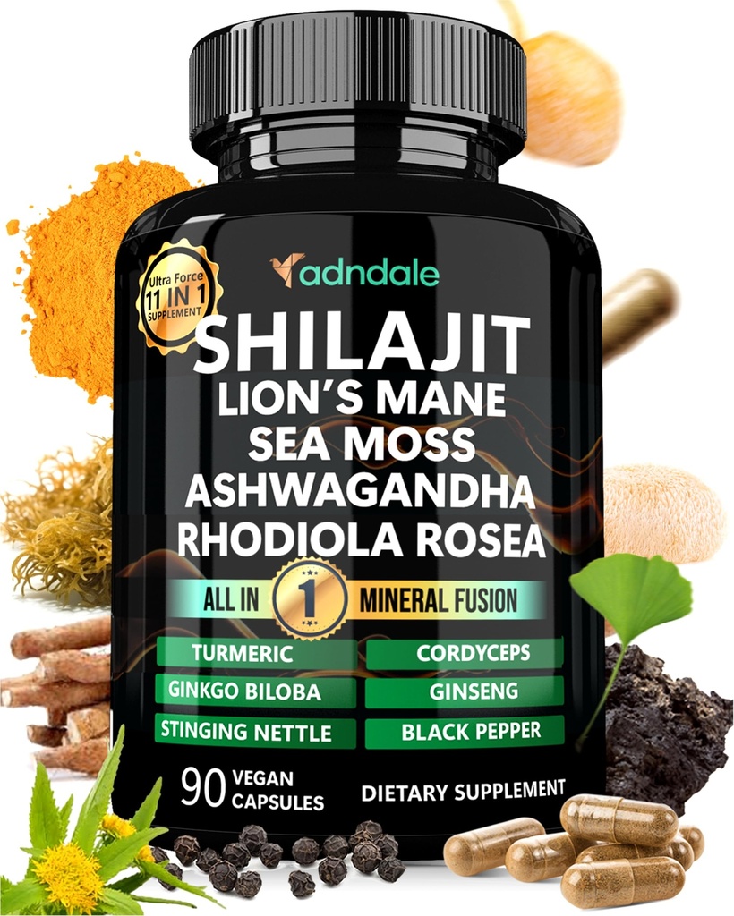 Adndale Shilajit Supplement. Pure Himalaya Biologische Shilajit voor mannen en vrouwen Capsules met Sea Moss Ashwagandha Rhodiola Rosea Lion