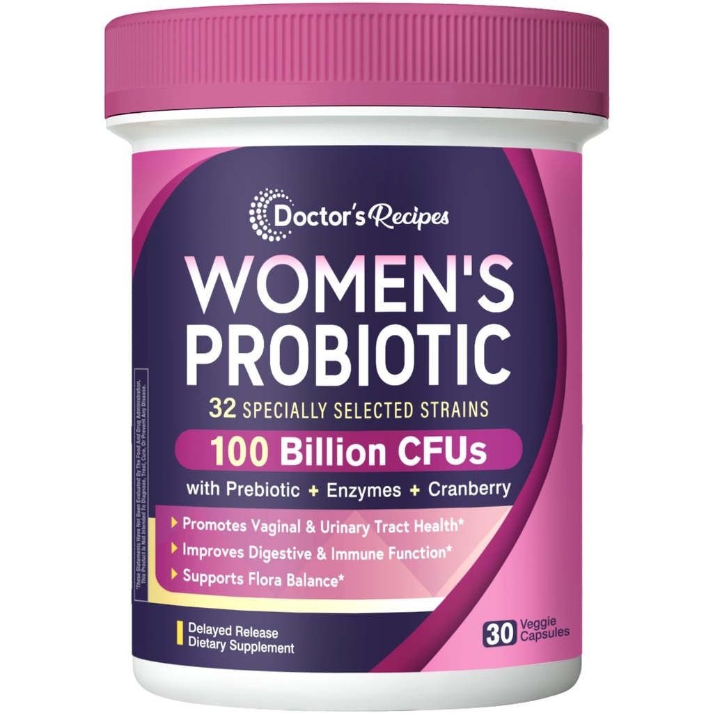 Recepten van de arts Probiotica voor vrouwen, 100 miljard CFU 32 Strains, met prebiotische vezels, enzymen & Cranberry, vaginale urine Digestieve & Immune, Geen Gist, Planchet Stabiel, Vertraagde Release, 30 Caps