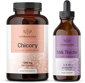 HERBAMAMA Chicory and Milk Thistle Kit - bundel van 1200 mg Chicory Root Capsules & Milk Thistle Tinctuur 4 fl oz - Vegan, Non-GMO, Sugar & Alcohol-Free - 2 Pack