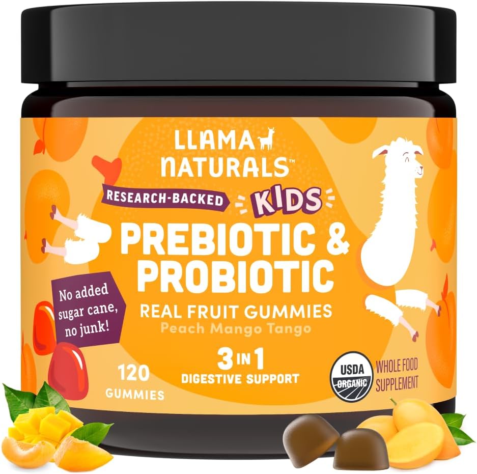 Llama Naturals Kids Probiotica met prebiotische vezels, veganistische, biologische prebiotica en probiotica Gummy's voor Gut Health Ondersteuning, peuter Real Fruit Gummy Vitaminen, Geen toegevoegde suiker Cane, Peach Mango, 120 Ct