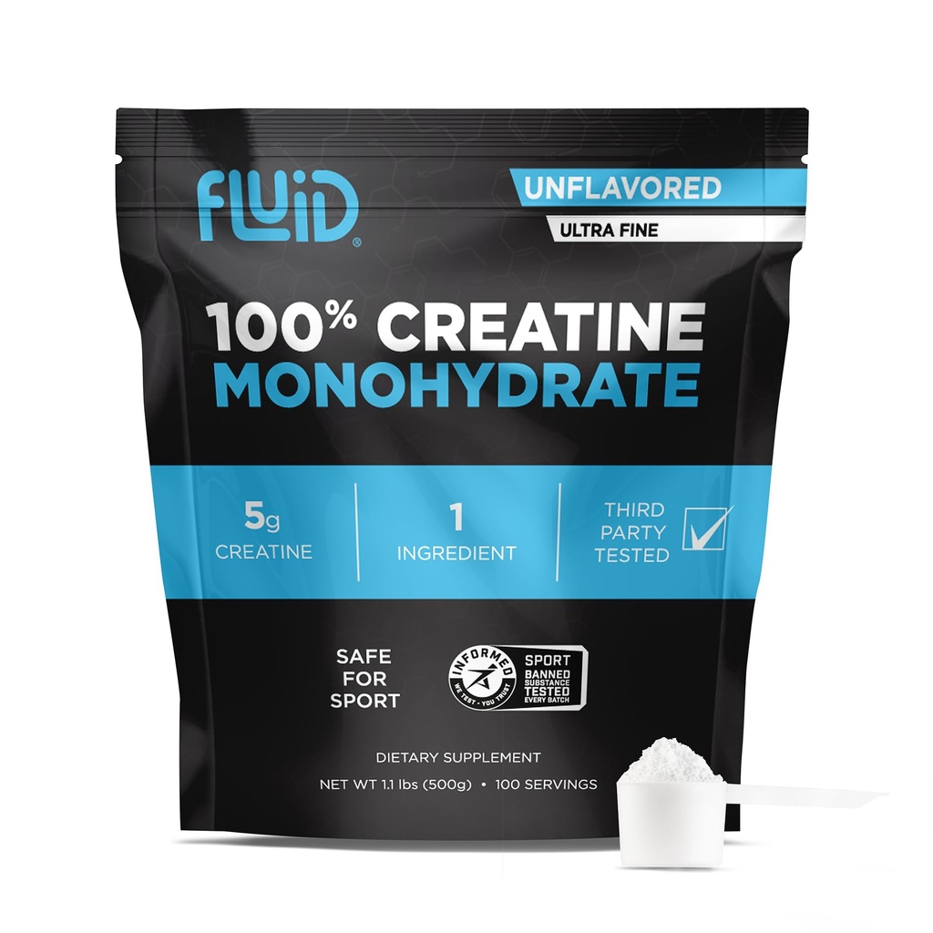 Fluid Creatine - 100% Creatine Monohydraat poeder, ongearomatiseerd, Informed Sport Certified, 5g per portie (100 porties)
