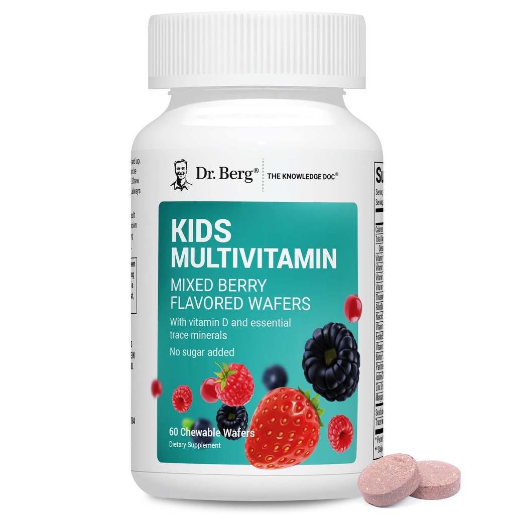 Dr. Berg Kids Kauwbare Multivitaminen (NOT Gezoete w/Sugar) - Dagelijkse Multivitamine voor kinderen die 20 Nutriënten & Trace Mineral Complex bevat - Gemengde Berry Kauwbare Vitaminen voor Kid - Red Wafers