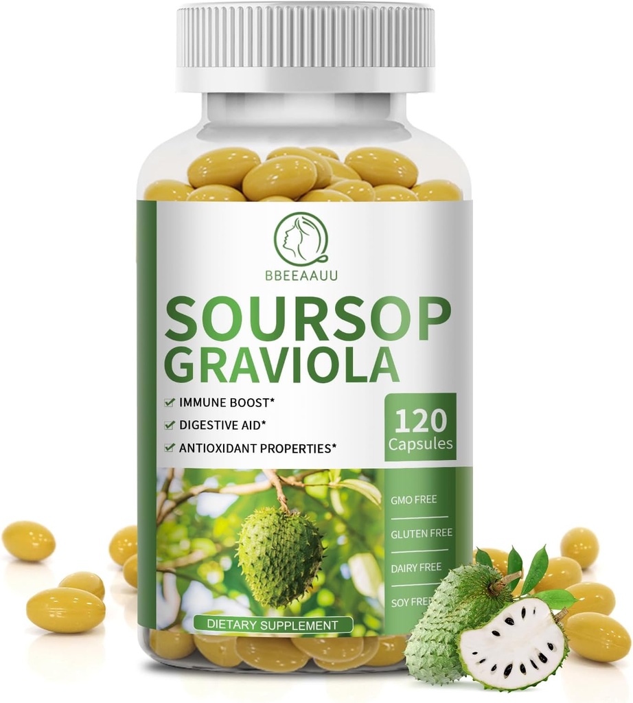 Soursop Graviola Capsules met Kelp, voor celregeneratie, Verbetert Immuniteit, Digestieve Ondersteuning, Antioxidant Eigenschappen, Glutenvrij, Niet GGO, Veganistisch, 120 Telt