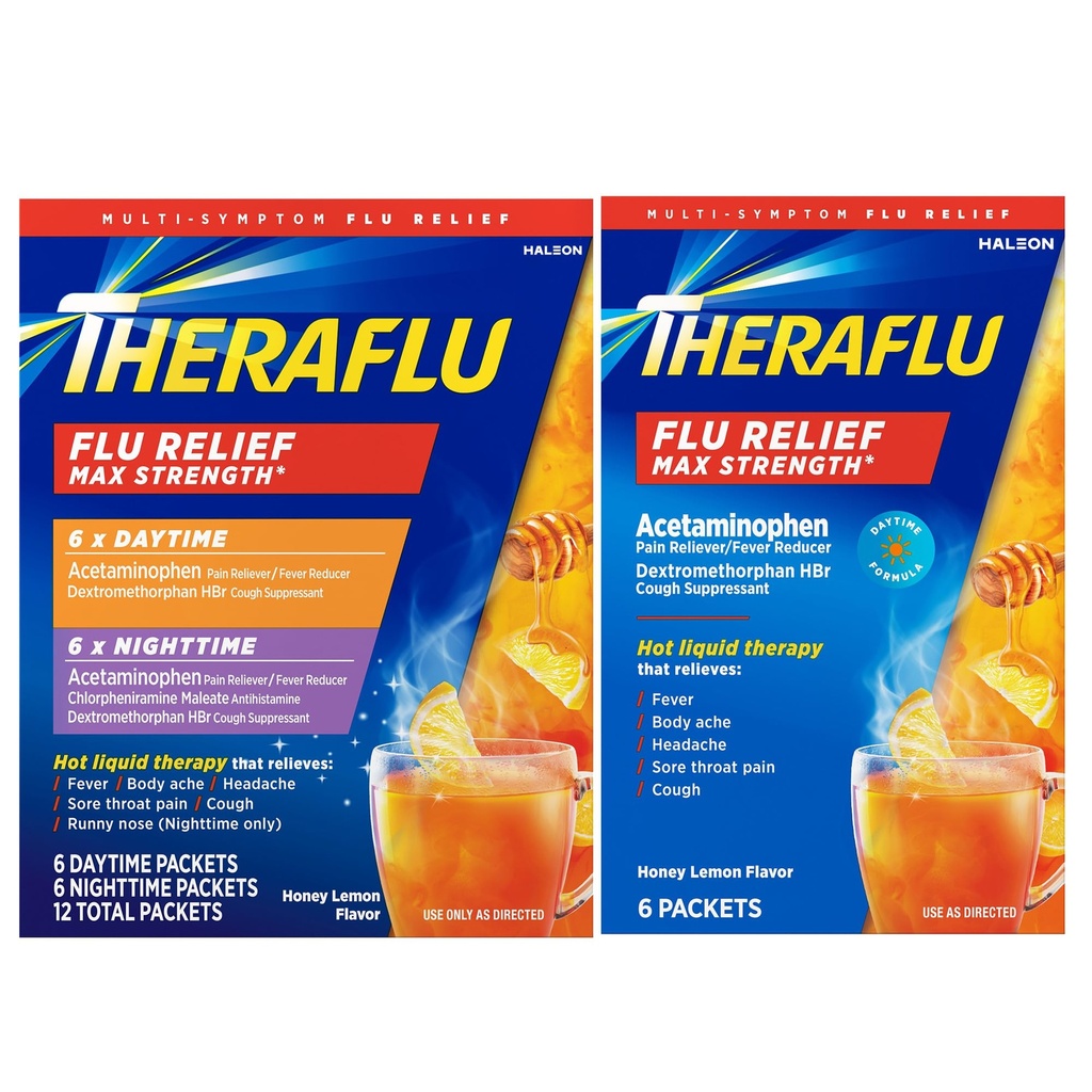 Theraflu Max Strength Daytime & Nighttime Griep Symptoom Relief Honey Citroen Smaak Poeder & Daytime Griep Symptoom Relief Honey Citroen Poeder, 6 Dagen + 6 Nacht, & 6 Honing Citroen Smaak Poeder Verpakkingen