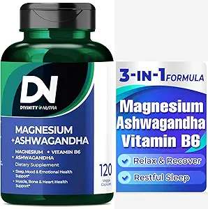 Divinity Nutra Magnesium Ashwagandha Supplement, Calming Magnesium Glycinate & Malate Vitamin B6 for Muscles Bone Health Support Muscle Recovery, Calm & Relaxation 468mg 120 ct (2 Month Supply)
