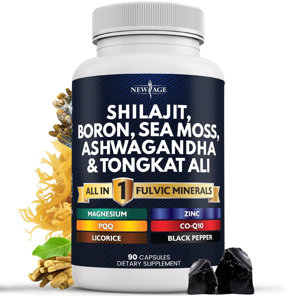 NIEUWE AGE Shilajit Supplement met Sea Moss, Ashwagandha, Tongkat Ali, Boron, Magnesium - Fulvic Acid Capsules for Men - 90 Tel.