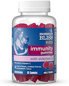 Mama's Bliss Kids Vlierbessen Gummies, ondersteunt immuniteit met zwarte vlierbessen, zink & vitamine C, Glutenvrij & veganist, leeftijd 2 jaar + (60 telling)