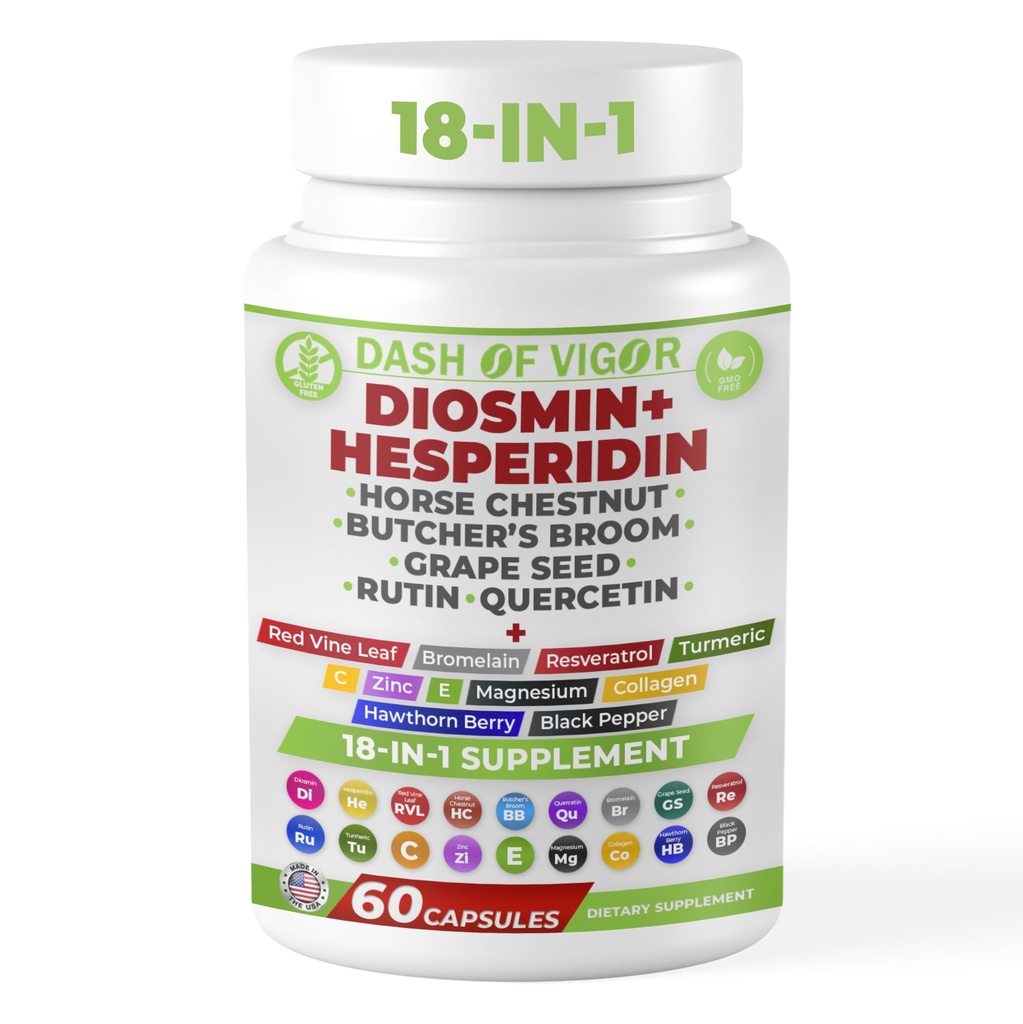 Dash of Vigor 18-in-1 Diosmin Hesperidin Supplement, Quercetin met bromelain, zink, vitamine C met Rutin Supplement, Horse Chestnut Extract, Butcher's Broom Extract, VS, 60 Capsules