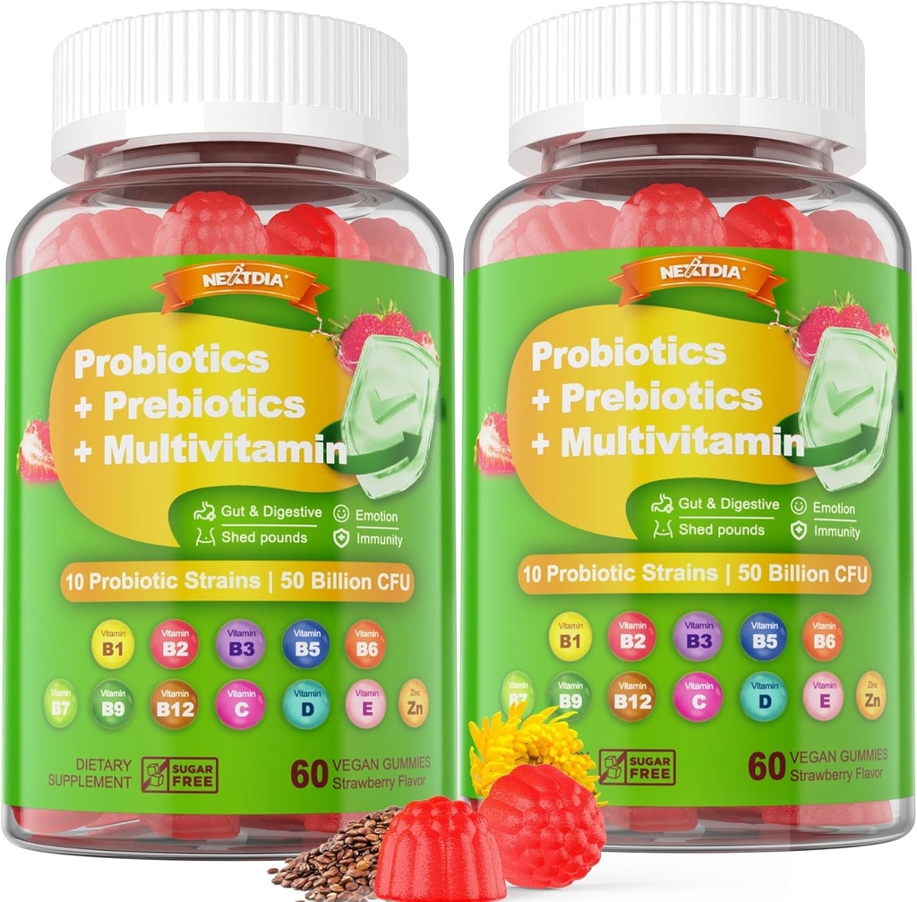Vegan Probiotics Gummies for Women & Men - Fiber Prebiotics Supplements | 50 Billion CFUs Probiotics, Inulin, Psyllium Husk & Multivitamin for Gut, Digestion & Immune Health,2 Pack