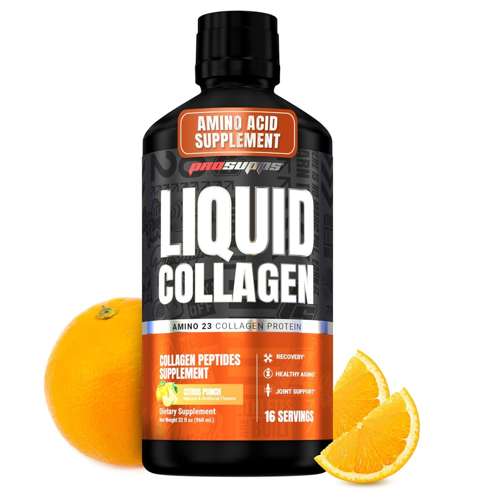 PROSUPPS Amino23 Liquid Collageen Shots, Citrus Punch - Collageen Peptide Post Workout supplement ondersteunt gezonde veroudering, gewrichten, huid en haar - Glutenvrije & Zero Sugar - 16 porties