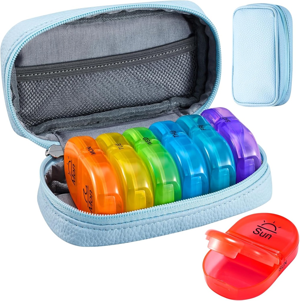 Serfeymi Weekly Travel Pill Organizer 2 keer Een dag AM PM Geupgraded Regenboog Pill Box 7 dag met Portable Zipper PU leren pil Case, Medicine Organizer voor pillen, Vitaminen, Visolie - Blauw 01