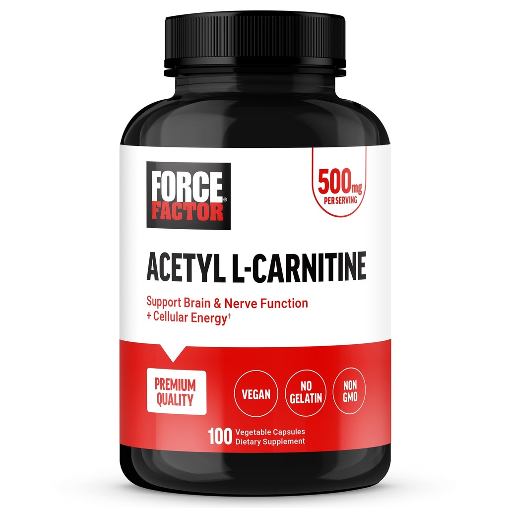 Force Factor Acetyl L-Carnitine Brain Supplement, Zenuw Ondersteuning Supplement, en Cellular Energy Booster, Acetyl L-Carnitine 500mg, Premium Quality, Vegan, Non-GMO, 100 plantaardige Capsules