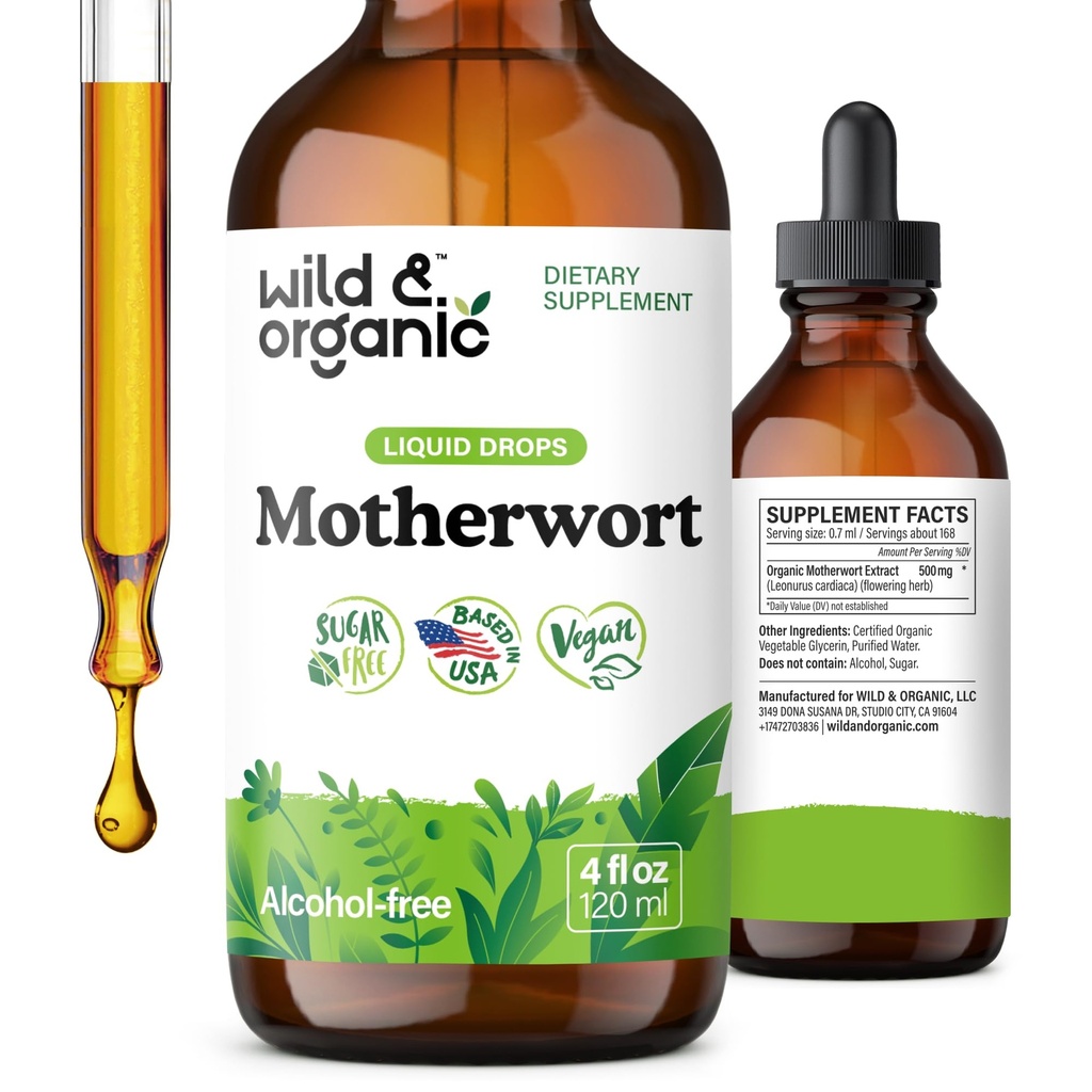 Wild & Organic Motherwort Tincture - Good Mood, Calmness, Algehele ondersteuning - Supplementen voor vrouwen met moederkruid - Veganistisch, Suiker & Alcoholvrije Extract Drops - 4 floz