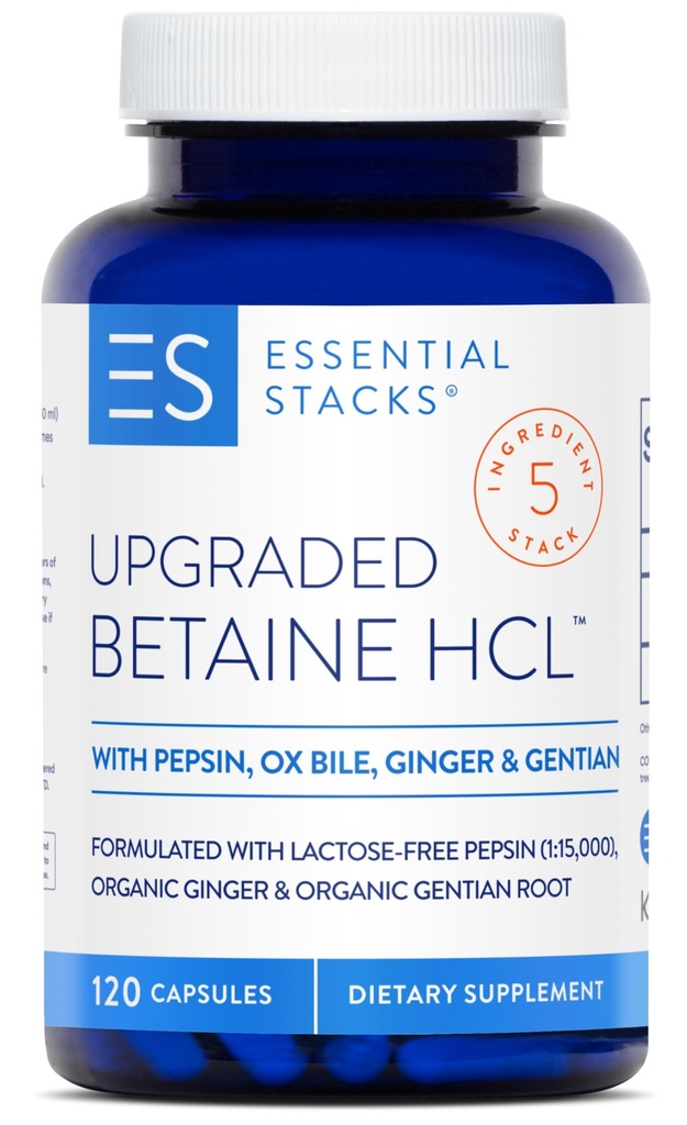 Essentiële Stapels Betaine HCL met Pepsine, Ox Bile, Organic Gentian & Gener - Betaine Hydrodide Supplement w Digestieve Enzymen, Bile & Bitters - Gluten, Dairy & Soy Free (120 Capsules)