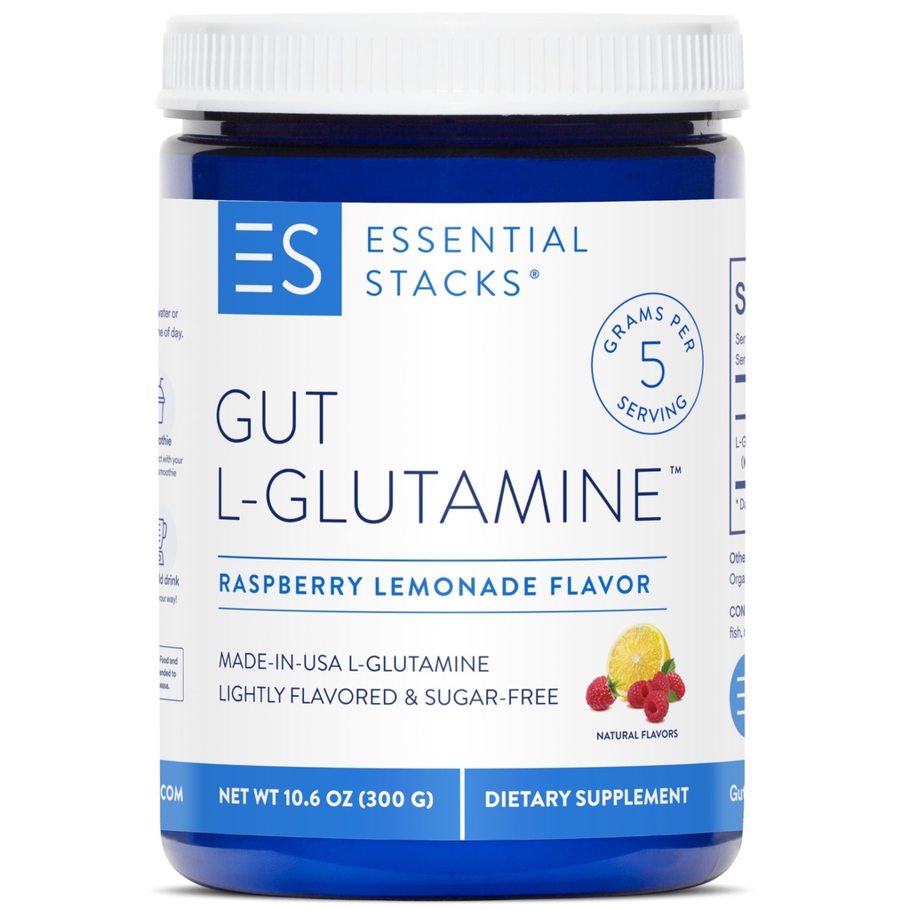 Essential Stacks Gut L-Glutamine Powder - Exclusively Made in USA - Pure L Glutamine Powder for Gut Health (50 Servings, Raspberry Lemonade)