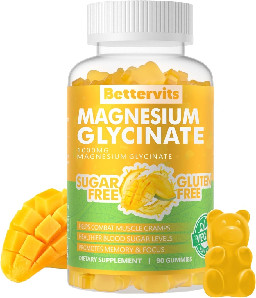 90 CT Magnesium Glycinate Gummies 1000mg - Suikervrij Magnesium Kaliumsupplement met Vitamine D, B6, CoQ10 voor Kalm Mood & Slaap Ondersteuning - 90 Mango Ananas Gummies
