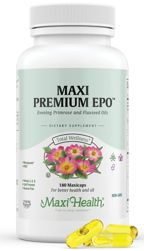 Maxi-Health Avond Primrose en Vlas Zaden Olie Softgels - Vegan Omega 3 6 9 Supplementen voor gezonde huid, haar, en gewrichten - Kosher Gecertificeerd, Biologische Avond Primrose Olie Softgels, 180 Tellen