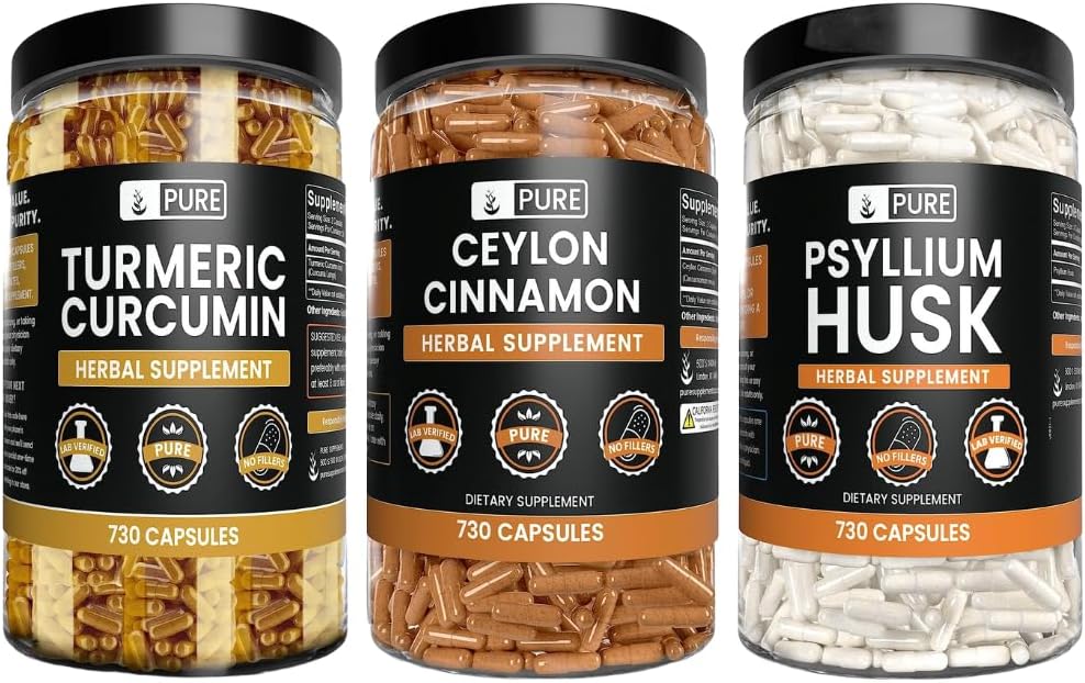 PURE ORIGINEEL INGREDIËNTEN Ceylon Cinnamon, Psyllium Husk, en Kurkuma capsule bundel (730 capsules elk), Geen Magnesium of Rijst Fillers