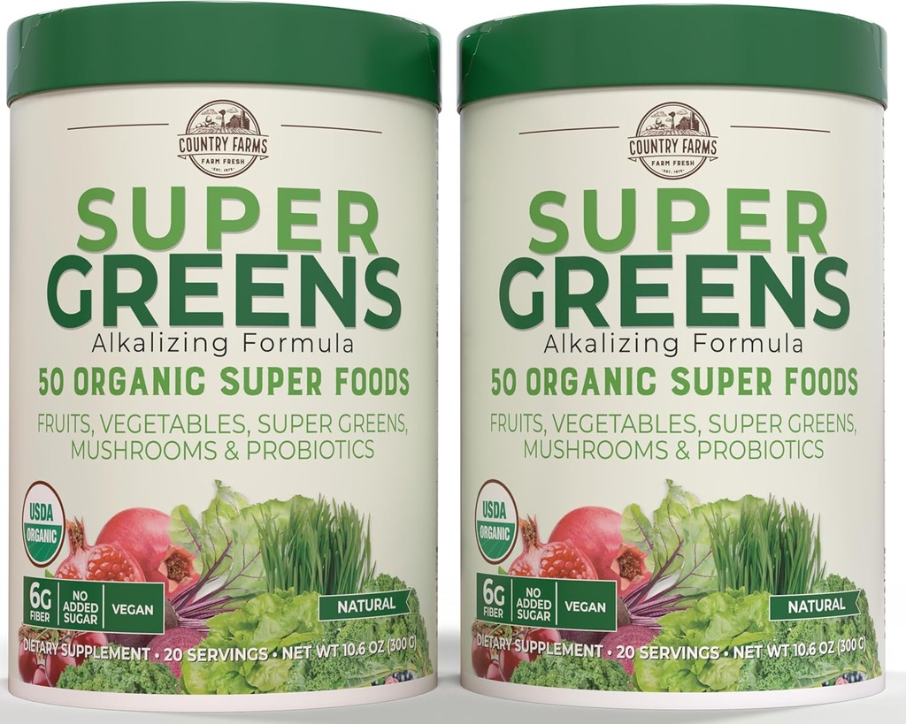Country Farms Super Greens Natural Flavor, 50 Organic Super Foods, USDA Organic Drink Mix, Fruits, Groenten, Super Greens, Paddenstoelen & Probiotica, Ondersteuningen Energie, 40 Servings, 10.6 Oz, 2 Pack