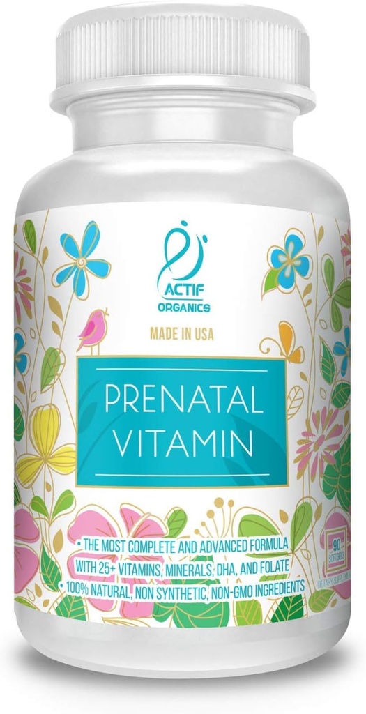 ACTIF Biologische Prenatale Vitamine met 25+ Biologische Vitaminen, 100% Natuurlijke, DHA, EPA, Omega 3, en Biologische Kruiden Blend - Non-GMO, 90 Tel.