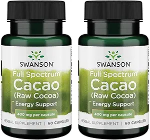 Swanson Full Spectrum Cacao (Raw Cocoa) - Herbal Supplement Promoting Mild Energy Support - Traditional Whole Fruit Formula - (60 Capsules, 400mg Each) (2 Pack)