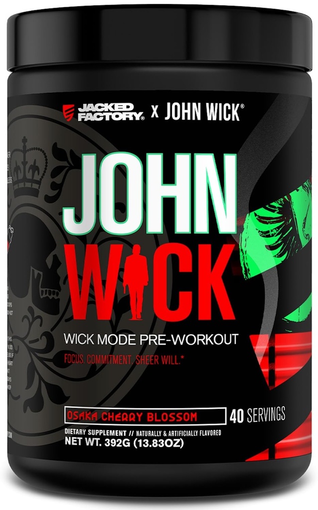 Jacked Factory X John Wick - Wick Mode Pre Workout Powder - Intense Energie, Battle-Ready Focus, Niet te stoppen inzet, en Sheer Will - 40 Servings, Osaka Cherry Blossom