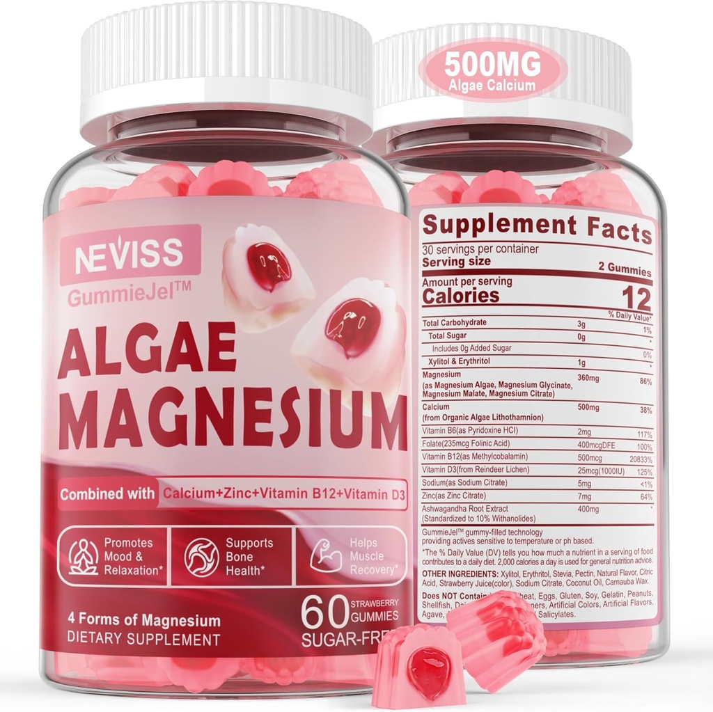 Suikervrij Calcium Magnesium Zink Gummies, Algen Calcium Magnesium Supplement Plus D3 