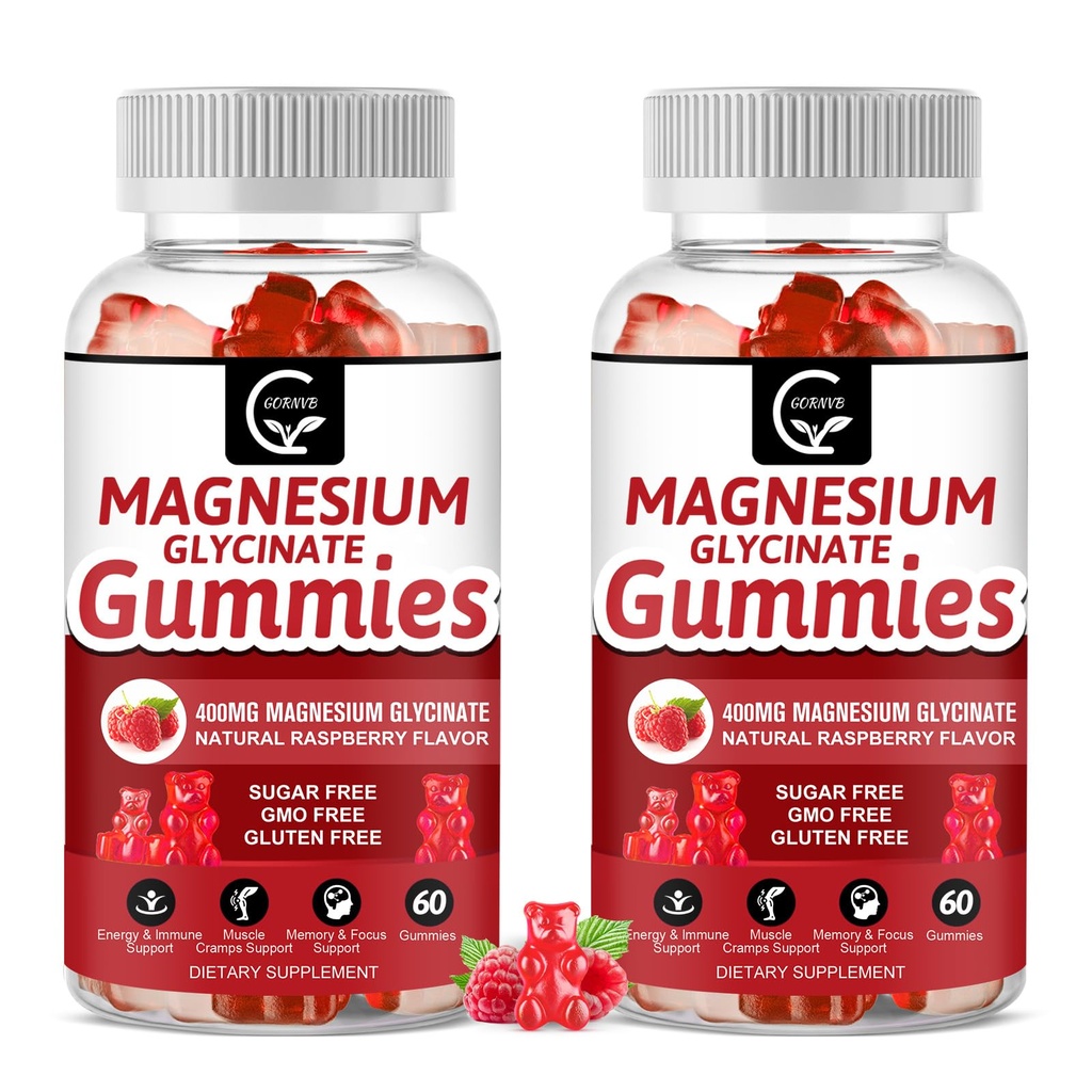 Magnesium Glycinate Gummies 400mg, Mg Kaliumsupplement met chelated Magnesium Malate Complex, Vitamine D, B6, en CoQ10, Ondersteunt voor Geheugen, Kalm, Mood & Slaap - 60 Tellen (pakket van 2)