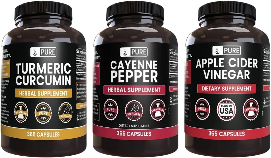 PURE ORIGINEEL INGREDIËNTEN Cayenne Pepper, Kurkuma Curcumin, Apple Cider Vinegar Bundle (365 Capsules)