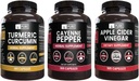 PURE ORIGINEEL INGREDIËNTEN Cayenne Pepper, Kurkuma Curcumin, Apple Cider Vinegar Bundle (365 Capsules)