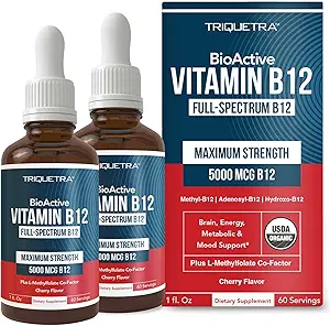Organische vitamine B12 - 5000 mcg, 3 bioactieve vormen B12: Methyl B12, Adenosyl B12 & Hydroxy B12 - Plus L-Methylfolaat Cofactor 