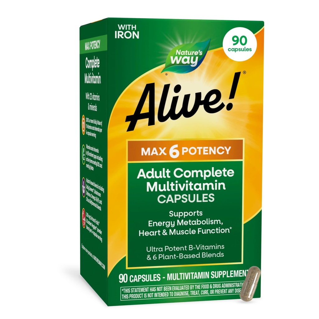 Nature's Way Alive! Max6 Potentie Adult Complete Multivitamine, met ijzer, vitamine A, C, E & B-Vitaminen Inclusief Gemethyleerde B12 & Folaat, Ondersteunt Energie Metabolisme*, 90 Capsules (Verpakking mei Vary)