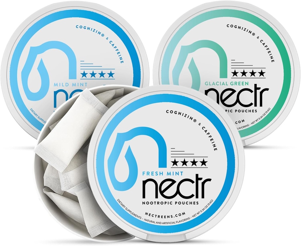 Nectr Energy Nootropic Pouches Mint Mix - Cafeïne zakjes met Cognizin Citicoline. 3 smaken: Mild en verse munt, en Glacial Green. Suikervrije, Nicotinevrije Calm Focus & Energy Supplement