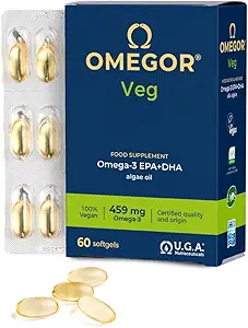 Vegan Omega 3 Supplement OMEGOR Veg - Algenolie Omega 3 met 250mg EPA en 125mg DHA met Vitamine E - Vegan Society en IFOS gecertificeerd (60 Caps)