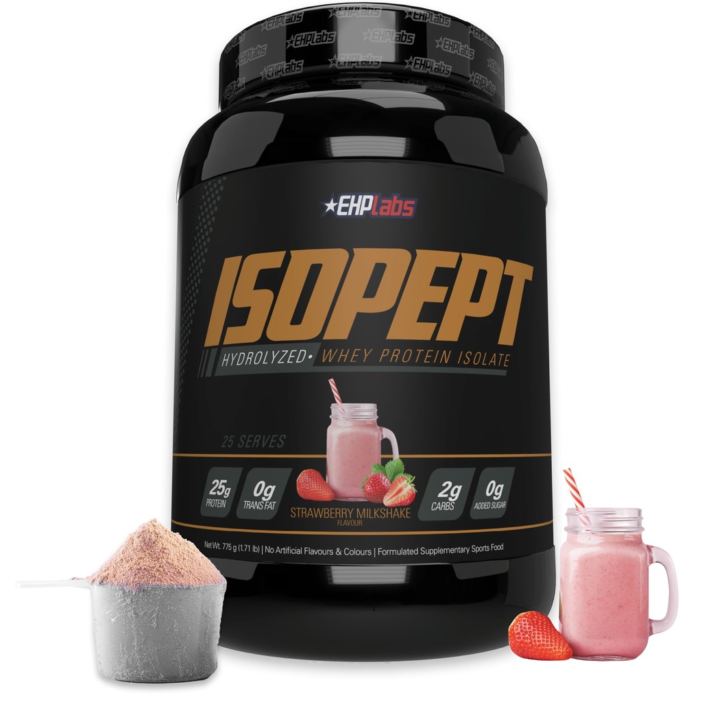 IsoPept Hydrolyzed Whey Protein Powder by EHplabs - 100% Wei Protein Isolaat & Hydrolysaat, 27 g Proteïne, Non-GMO, Glutenvrij, Fast Absorbing, Easy Digesting, 27 Serves (Strawberry Milkshake)
