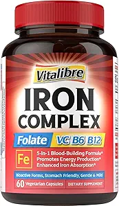 IJzersupplement voor vrouwen en mannen, met vitamine C, B6, B12 & Folaat voor ijzertekort, bloedopbouw en energieondersteuning, maagvriendelijk, betere absorptie, non-GMO, geen gluten, 30 Vegan Caps