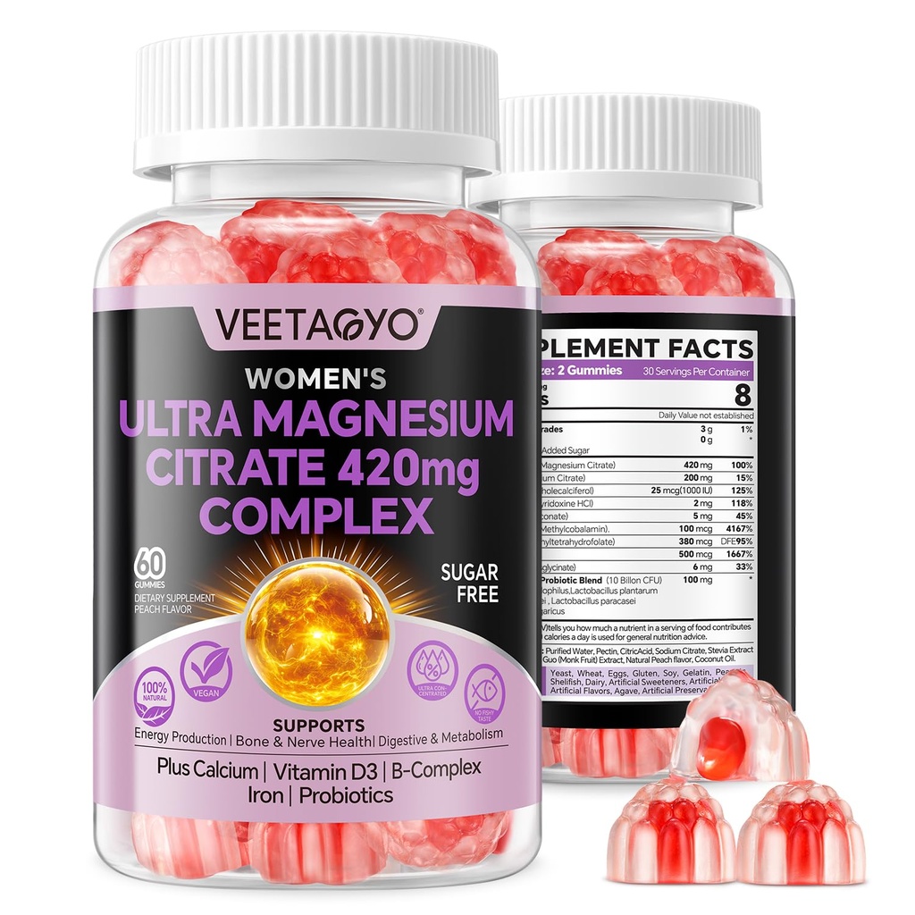 Magnesium Citrate Gummies 420mg for Adult - Dual Layer - w/10 Billion CFU - 5 Strains Probiotics & Calcium, D3, Biotin, Iron, B6, B12, Folate, Support for Bone, Nerve, Relaxation, Muscle - Vegan 60Cts