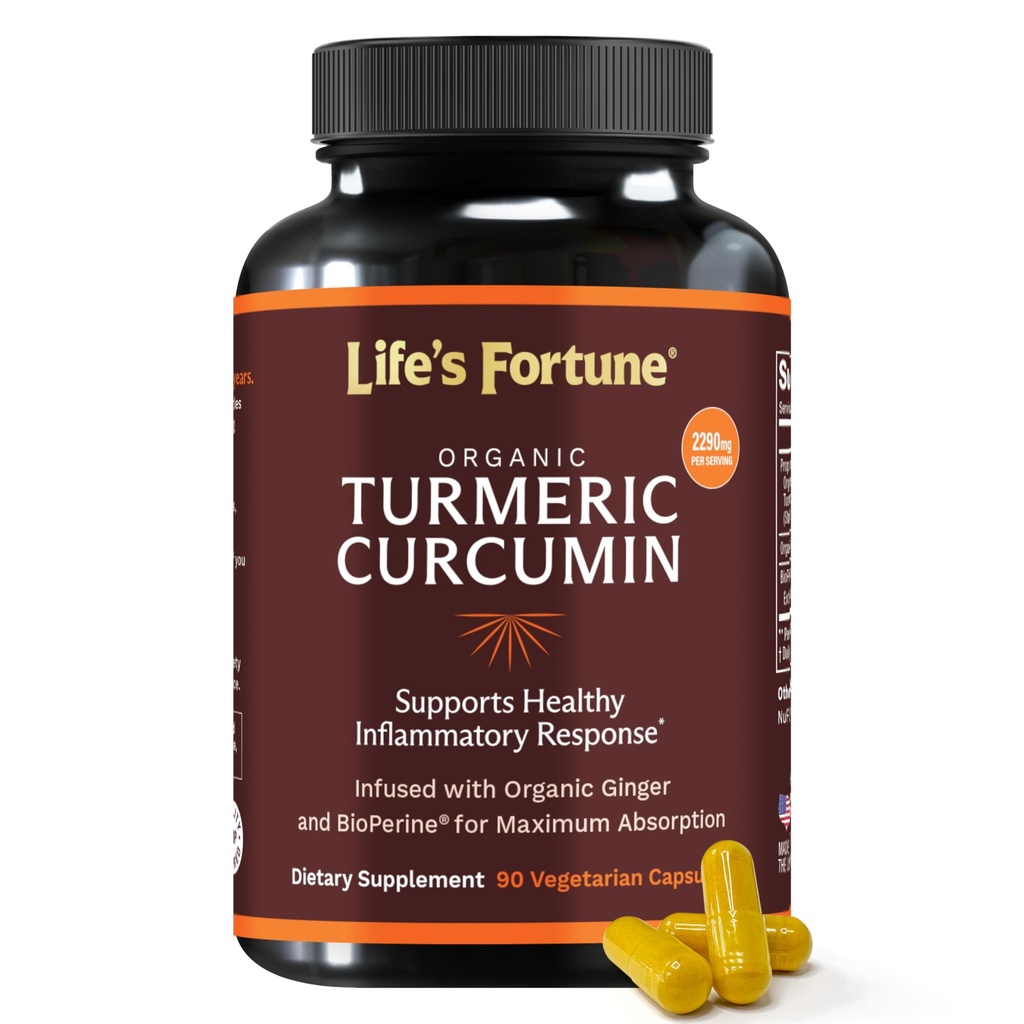 Life's Fortune Organic Turmeric Curcumin with Black Pepper and Ginger, Enhanced Absorptie, Extra Strength Supplement, Joint & Immune Support, Non-GMO, 90 Cap - 2250mg