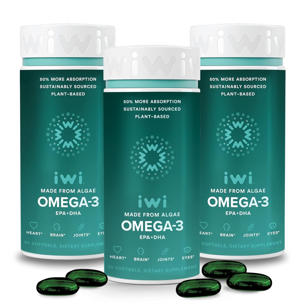 Iwi Omega-3, 90 Softgels (90 Servers), Vegan Plant Based Algen Omega 3 met EPA + DHA, Whole-Body Support Dieetsupplement, Krill & Fish Oil Alternative, No Fishy Aftersmaak