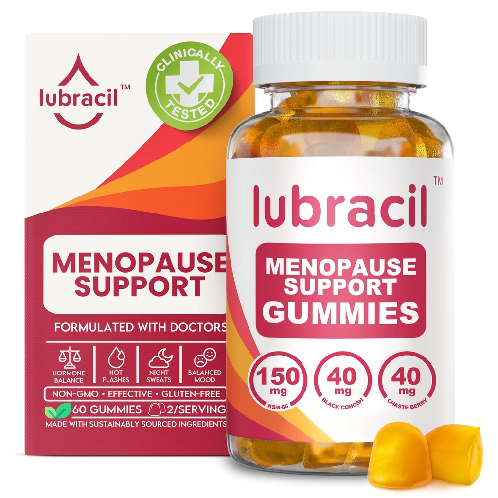 Lubracil Menopauze Gummies for Women - Menopausal Supplements for Hot Flashes, Night Sweats, Mood Swings and Hormonal Balance - Daily Vitamines with Black Cohosh & Ashwagandha - 60 Gummies (Pack of 1)