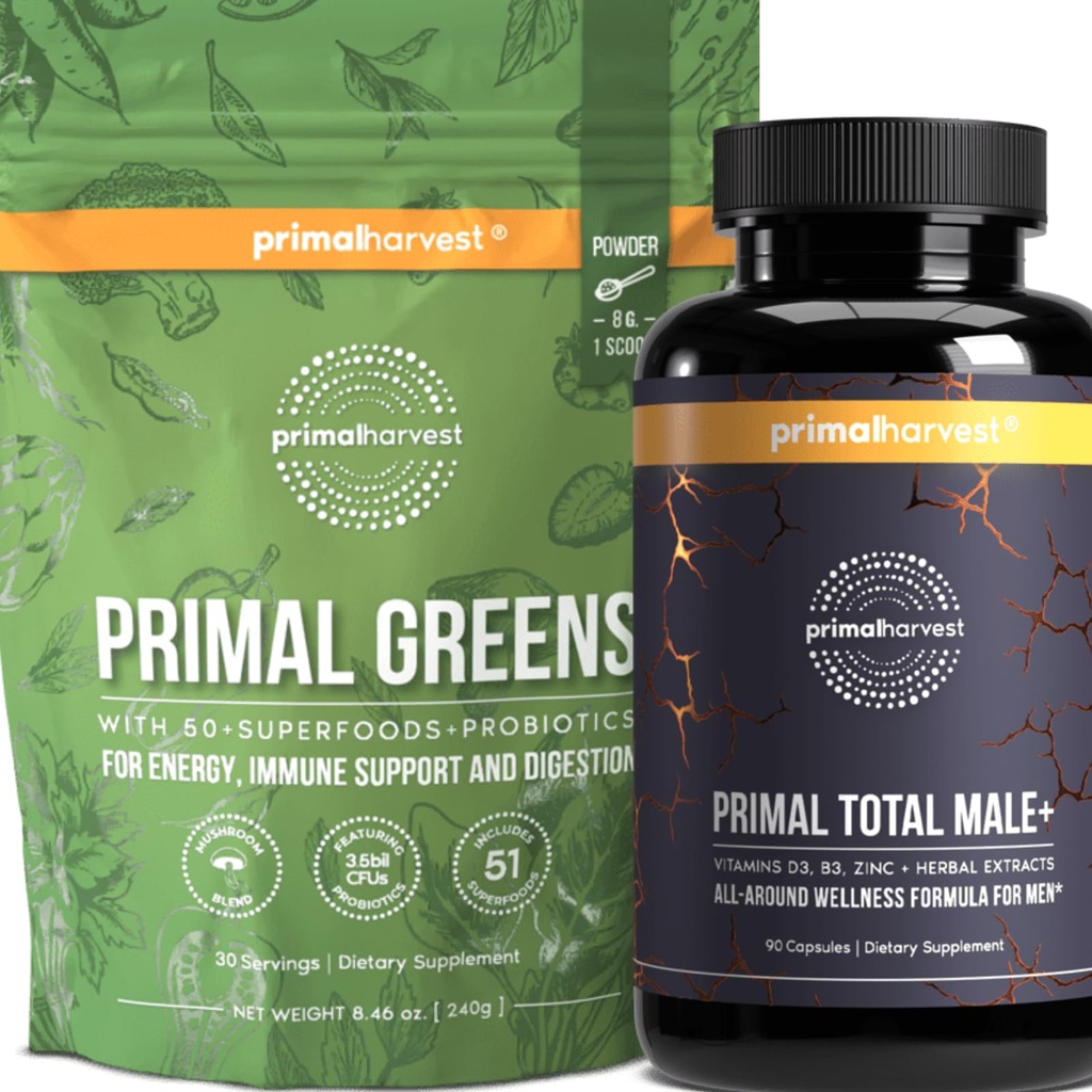 Primal Harvest Primal Total Male+ & Primal Greens Men's Multivitamin and Nutritional Supplement with Ginseng, Vitamins D and B, zinc, probiotics and More, Gluten and Dairy Free