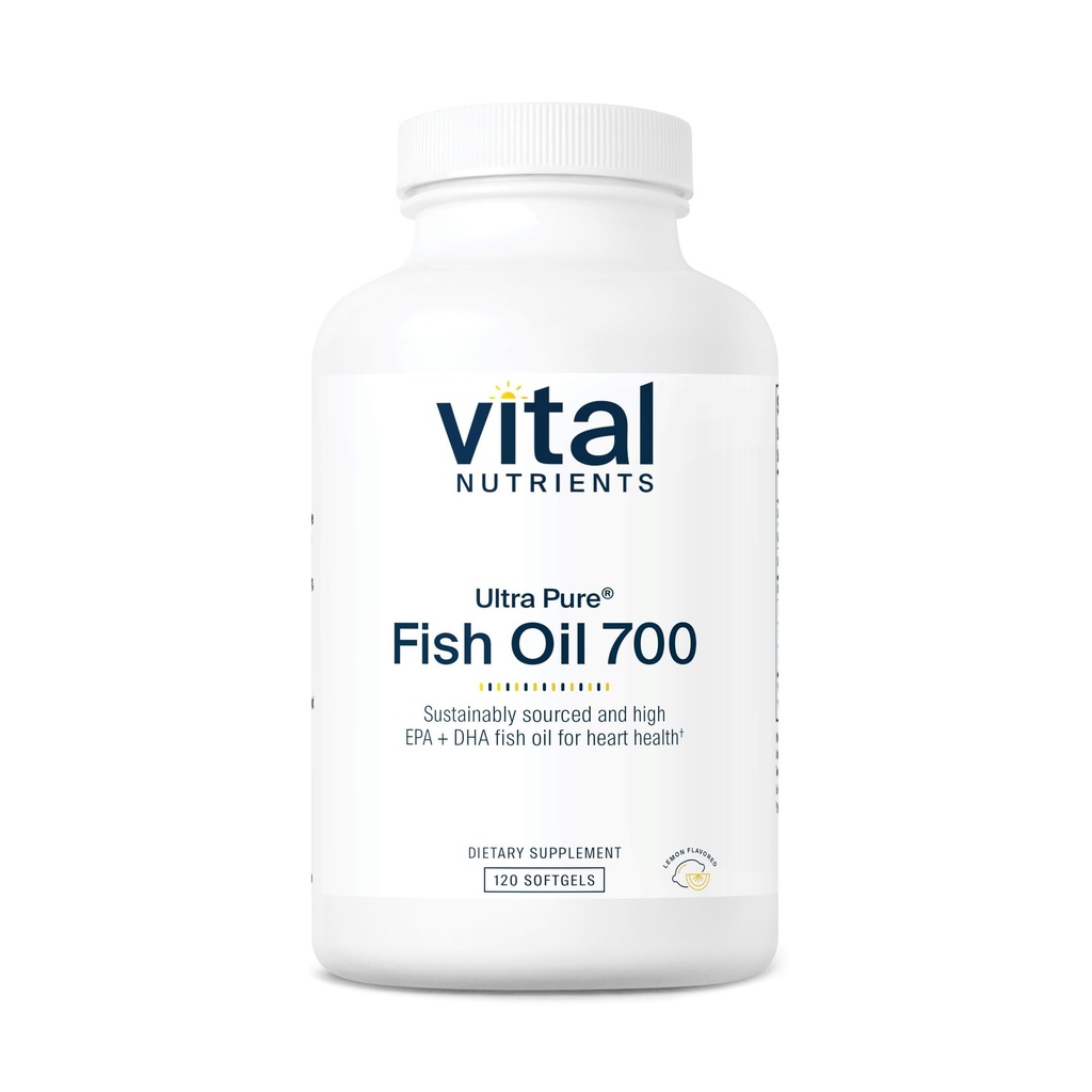 Vitale voedingsstoffen Ultra Pure Visolie 700 - Ondersteunt hart, hersenen en Joint Health* - Duurzaam opgewekte hoge EPA & DHA Omega-3 vetzuren - Citroensmaak - Gluten, zuivel en sojavrij - 120 Softgels